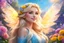 Placeholder: large fairy wings. As the morning sky casts its dreamy gaze on Elsa, amidst the vibrant flowers of spring, straight blonde hair, her straight blonde locks shimmer like a golden halo. smiling. high purity. very detailed, digital art, beautiful detailed digital art, colorful, high quality, 4k