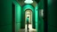 Placeholder: Surreal, digitally manipulated image featuring a narrow, dimly lit corridor with textured, blue-green walls and a wooden ceiling. The layout includes an arched doorway on the right side, through which a young person with light skin and short hair is partially visible, holding a small object. The person is wearing a white shirt and appears to be looking into the corridor. The lighting creates a mysterious and ethereal atmosphere, with shadows and light playing across the surfaces. There is a sign