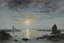 Placeholder: Grey blue sky, lagoon, distant buildings, mist, rocks, 90's sci-fi movies influence, cosmic future influence, trascendent, intergalactic influence, friedrich eckenfelder and alfred stevens impressionism paintings