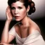 Placeholder: half-length color photo shoot, three-quarter face pose of carrie fisher as Princess Leia with realistic fine and very simple short hair, entrancing deep brown eyes, Intricate, High Detail, Sharp focus, realism, beautiful and detailed lighting, Nikon D850, ef 85mm 5.6 by Annie Leibovitz