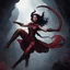 Placeholder: a beautiful tiefling woman with dark hair in a sleeveless battle outfit, floating in the air over a dark chasm, photo quality, dark red colors