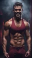 Placeholder: Hyper Realistic handsome muscular man in maroon-patterened-black-tank-top -&-tight-underwear giving ATTRACTIVE-SMILE in a dark gym full of maroon-fog at night showing dramatic & cinematic ambiance