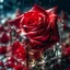 Placeholder: close-up photo of a beautiful red rose breaking through a cube made of ice , splintered cracked ice surface, frosted colors, blood dripping from rose, melting ice, Valentine’s Day vibes, cinematic, sharp focus, intricate, cinematic, dramatic light