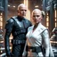 Placeholder: a bold and heroic bald male Corellian pilot in black and grey First Order special forces gear meets a female Jedi Master in ancient, mystical temple, hyperdetailed, dynamic lighting, hyperdetailed background, 8k resolution, volumetric lighting, light skin, fully symmetric details