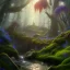 Placeholder: fantasy concept art, dynamic lighting, Intricately detailed, Splash screen art, deep color, Unreal Engine, volumetric lighting, blue flowers, moss, leather, creek, pond, fantasy forest artwork,