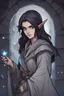 Placeholder: A DnD character in a dark cave. A mysterious half-elf twilight cleric with dark hair and blue eyes. Wearing a grey robe with star symbols.