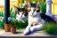 Placeholder: Zwei Katzen auf der Terrasse. Auguste Renoir, paws, perfect eyes, perfect iris, playing music, realistic, extremely accurate, delicate, extremely detailed, Graphic novel style, wide-angle, open aperture, superfine pencil