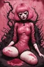 Placeholder: Goth Asian woman, lying pose, rabbit mask, pink short hair, latex suit, highly detailed, fullbody, splashes blood, behind guts rising from the ground, papercut illustration by <John Kenn Mortensen>, darkred tones,