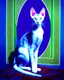 Placeholder: Portrait of Oriental shorthair blue and white mackerl tabby cat with green eyes, white face, hyperdetailed, In the art style of Jean-Antoine Watteau, Nicholas Roerich, Studio Light.