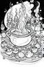 Placeholder: A cauldron bubbling with green potion, surrounded by witches casting spells. Outline, sketch style, only use outline, mandala style, clean line art, white background, no shadows, no clear wall, coloring page.