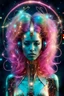 Placeholder: Goddess beautiful of music with holographic images, stars, planets, crescent moon, musical notes, musical notation, particles, all floating around her head and body): iridescent turquoise metal, pink and gold optic fibre hair, robot, electric, neon, nebula, light shards, iridescent galaxy metal, glowing tendrils and threads for hair, electric wires, hair swirling and billowing, lighting effects, neon blue synth wave patterns, pearlescent, digital background, shiny