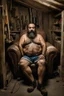 Placeholder: full figure shot photography of a 49-year-old turkish chubby heavyset tattoo very hairy sweaty worker sitting spread-legged in an old sofa inside a construction site shed, big shoulders, boots, dressed in bulging shorts,shirtless, stubble, big manly legs, hairy chest, serious eyes, midnight, dim neon lights illuminating and shine on the beards of sweat that fill his large chest, photorealistic , ambient occlusion