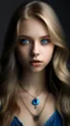 Placeholder: bleu dress , Age 24, girl, white Complexion, brown eyes, almond eyes shape, long hair, blonde silky hair, square face, button nose,bleu evil eye necklace