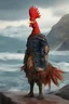 Placeholder: full body, head to toe, 3D, an anthropomorphic Rooster, with short, pixie-cut, (((red hair))) tapered on the sides - full color - 32k, UHD, 1080p, 8 x 10, glossy professional quality digital photograph - raging sea and mountains and a ship in the background, historic, powerful, exquisite detail, sharp - focus, ((skin details, high detailed skin texture))