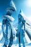 Placeholder: A standing Alien man and woman in the form of an ice-blue reptilian. Standing in an earth futuristic Pyramid City