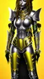 Placeholder: A woman has tanned skin, yellow eyes and black dreads. Her face show her superiority in the eyes of others. She is dressed in a steel armor with a few pieces of yellow and green fabric sticking out.