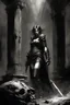 Placeholder: A stern girl warrior, in an ancient dungeon, broken columns, smoky lamps, semi-darkness, horror and fear, black pencil, Raymond Swanland