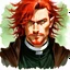 Placeholder: dnd, watercolour, illustration, portrait, realistic, rogue, male, sharp facial features, long red hair, green eyes, radiant, priest