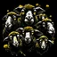 Placeholder: Create a visually striking image with strong contrasts of black and gray, accented by touches of white and gold. Depict 12-14 black zombie sheep faces closely arranged in Rembrandt lighting, some wearing sunglasses and others smiling with gold teeth, others biting the other sheep. At the center, portray a white zombie sheep with manic eyes and 'X' pupils, biting a neighboring sheep. Infuse the composition with urban flair, blending whimsical elements with gritty street art aesthetics.