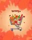 Placeholder: A beautiful and eye-catching design with a shopping cart in the middle filled with supermarket products and the phrase (toranj plus market) at the top of the image as a logo with an orange, red, and white color theme on a special psychedelic background with orange and red colors.
