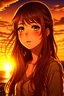 Placeholder: (image: An anime character with flowing hair and intense eyes, standing against a picturesque sunset), Descriptive Keywords: Anime Character, Flowing Hair, Intense Eyes, Sunset, Beauty, Ultra Realistic, Anime, Anime Character Type: Heroine, Camera Lens Type: Wide-angle lens, Camera Aperture Settings: f/2.8, Time of Day: Golden Hour (evening), Style of Anime Character: Strong and Determined, Type of Film: Digital