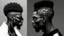 Placeholder: two Afro-American males facing each other in profile, confrontational stance, high-contrast black and white, deep shadows, bright rim lighting, dark studio background, punk spiked mohawk hairstyles, metallic reflective jackets, skin highlights, intricate chrome ear frames and jawline exoskeleton jewelry, biomechanical ear cuffs, sculptural contours, sharp silhouettes, cinematic low-key photography, cyberpunk aesthetic, symbolic duality, tension, dramatic