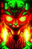 Placeholder: Face of an evil robot with a demonic smile, white eyes, surrounded by flames, youthful green light, fire starter in the background