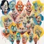 Placeholder: Collage of exaggerated caricatures of faces of weird-looking leering strangers, horrible gaping drooling faces, by Yves Tanguy, by David Seidman, by Bernadro Daddi, neo surrealism, alcohol ink illustration, bright colors.