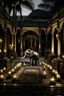 Placeholder: interior patio of a large house illuminated at night with candles and candelabras and in the middle of the patio an elephant, cinematogrphic image