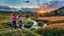 Placeholder: a group of young ladies in sports pants and blouse are dancing to camera in village over high grassy hills,a small fall and river and wild flowers at river sides, trees houses ,next to Ripe wheat ready for harvest farm,cloudy sun set sky