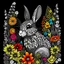 Placeholder: colorful Patagonian Mara between seeds and big flowers black background. for a coloring. with grayscale