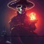 Placeholder: a cyberpunk hacker pirate captain skeleton holding beer with a pirate hat sitting in front of a huge old crt monitor in a dark room , only light coming from crt monitor, highly detailed, intricate, digital art, trending on artstation, trending on cgsociety, by greg rutkowski