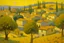 Placeholder: A yellow village with olive trees in daytime painted by Georges Seurat