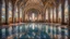 Placeholder: Superb symmetrical pictorial multicoloured mosaic floor, walls with pictures of bathers and swimmers, swimming pool, bathers, water feature, symmetrical cathedral style high ceiling, relaxation, luxury, dream world, calm beauty, symmetry, fantasy world, magic, beautiful symmetrical composition, exquisite detail, 135mm lens, adjust perspective, chiaroscuro, dynamic lighting