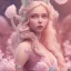 Placeholder: a pink castle, a cheerful fairy in front, big smile, pink, blonde hair, beautiful, whole face, whole top hair head, wide open blue eyes, transparent wings onn the back, hyperrealism, masterpiece, expert, cinematic lighting, sharp focus, 8K, pastel, macro lens, woman, detailed, flower