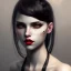 Placeholder: girl, cute, beautiful, white eyes, red lips, black hair with bangs, goth, close up portrait by Greg Rutkowski