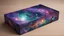 Placeholder: a box 10 cm long by 5 cm wide and 25 cm high, drawn on a box on all sides, space, tress, planets, butterfly nebula, crow, purple, green and red, portal too others galaxy, realistic