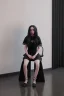 Placeholder: Billie Eilish, sitting on a chair, Black Short Dress, high detail, realistic