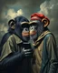 Placeholder: Bosch painting style, nightmare , a male chimpanzee dressed like a teenager asking another female chimpanzee for phone number to a female chimpanzee dressed like a teenager great quality picture with cinematic scenes , heavy clouds in the background