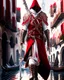 Placeholder: Assassin creed con dagas y espadas detalles en los pantalones en el pecho y en las botas caminando por Venezia capa arte digital hiperdetallado detalles intrincados obra de arte rojo blanco 8k