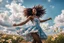 Placeholder: The camera zooms in, focusing sharply on young black girl Lily wearing pretty dress as she dances gracefully in the same romantic environment with flowers and sky with nice clouds. Her joy and youth are presented against the backdrop of the surreal surroundings.