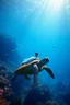 Placeholder: magical vibrant colors underwater Queen in deep blue sea beautiful corals,fishs and she on sitting driving giant turtle story photography fantasy art