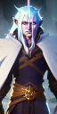 Placeholder: Dungeons and dragons character adventurer, wizard elf male, high detail, long white hair, wizard robe, joyful face, fur coat