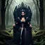 Placeholder: Morena Baccarin as a beautiful sexy dark elf queen seated elegantly on a throne in a mystical forest, dark celtic vignette frame, photo-realistic, cinematic lighting, award-winning photography