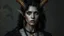 Placeholder: Grey skinned tiefling woman black curly hair goat horns