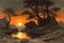 Placeholder: sunset, rocks, trees, dark fantasy influence, ludwig dettman, and willem maris impressionism paintings