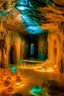 Placeholder: A tan underground cavern with crystal geodes painted by Andy Warhol