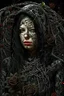 Placeholder: a beautiful and mysterious gothic woman entangled in wire and roses, hoody, dark and gothic lighting, ultra realistic and highly detailed, explosive background, epic, striking messy art style, cracked sealant surface and heavy textures , extremely beautiful