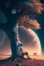 Placeholder: A lonely astronaut sits under the shade of an old tree on the edge of a planet. He looks at a beautiful galaxy.4k, high resolution. full detail