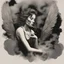 Placeholder: woman sitting forward Her face upward and blows cigarette smoke from their mouth upward. a figure with wings emerging from its back. behind the clouds of smoke look death. dark and mysterious